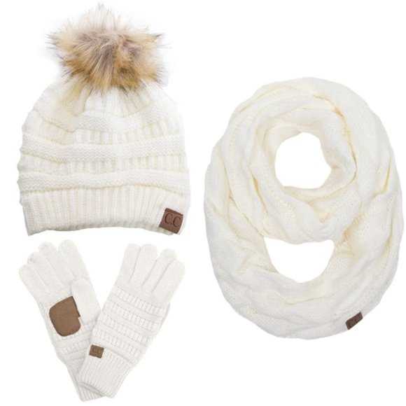 C.C 3pc Knit Warm Pom Beanie Gloves Scarves Set main image 5